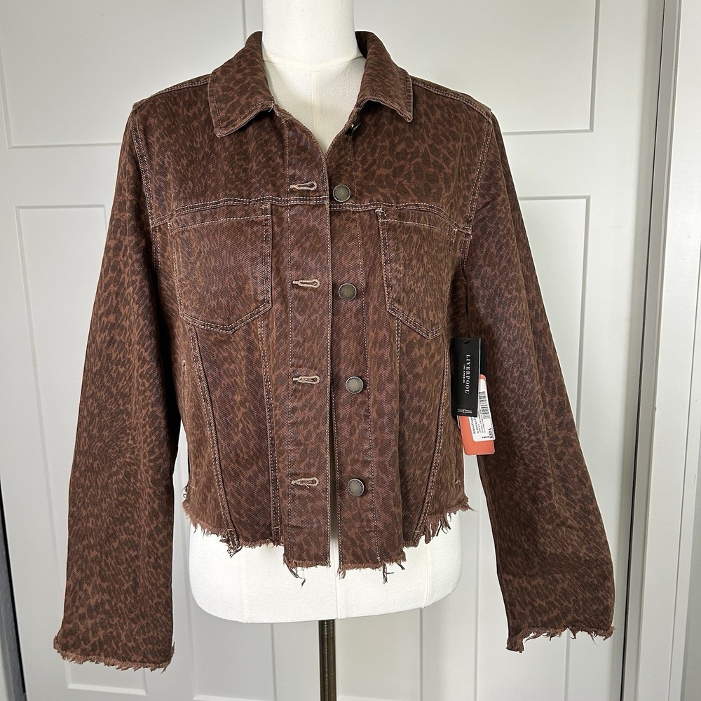 NWT* Liverpool Los Angeles Leopard Cropped Denim Jacket Women's MED Boho Classic